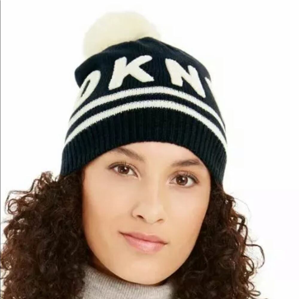 DKNY Black White Varsity Letter Beanie Pom Pom